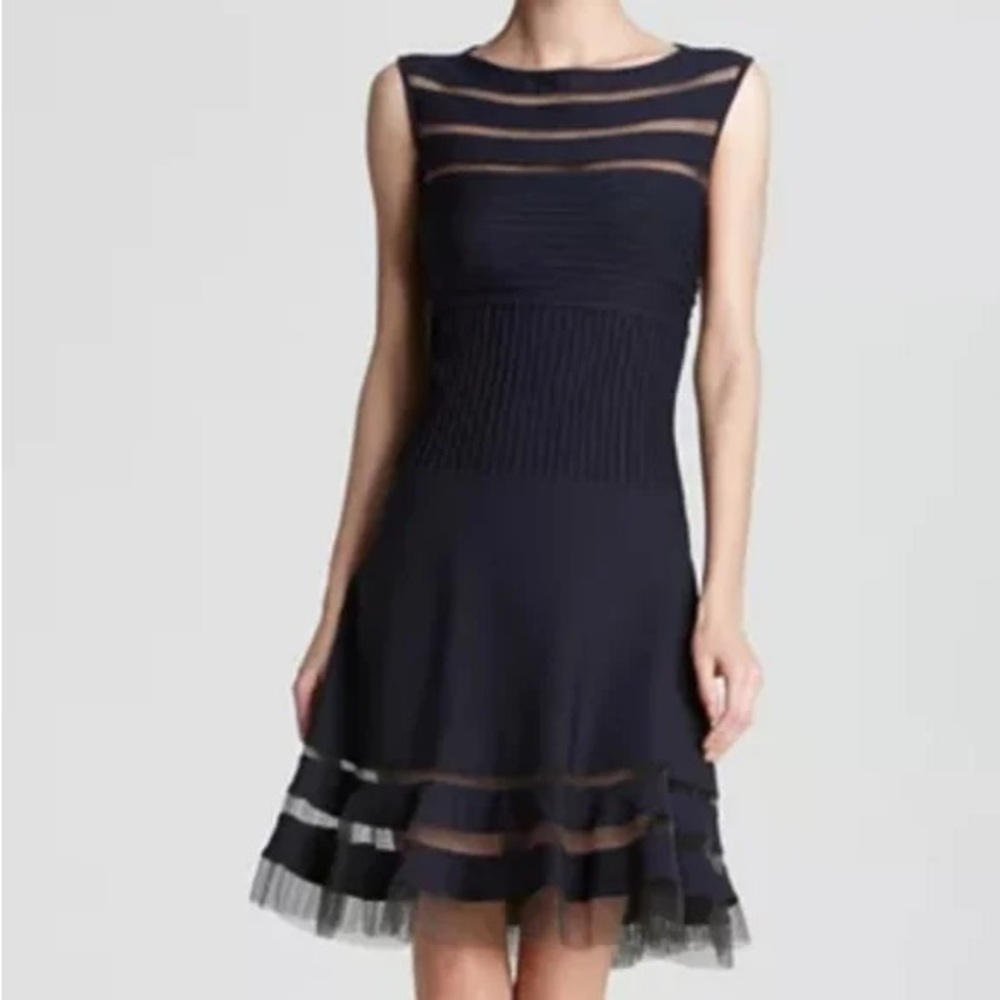 Tadashi Shoji Black Pleated Peek-a-boo Sleeveless Midi Dress Formal Black Tie